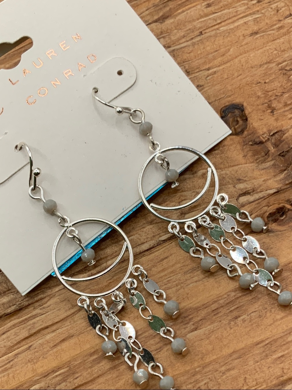LC Lauren Conrad Silver Tone Gray Beads Waterfall Chandelier Earrings